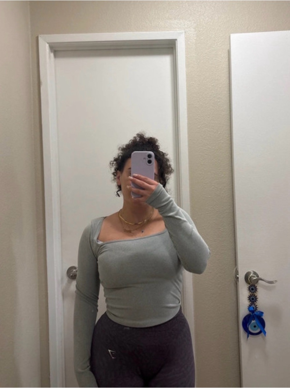 Long-Sleeve Square Neck Women’s Top in Light Grey